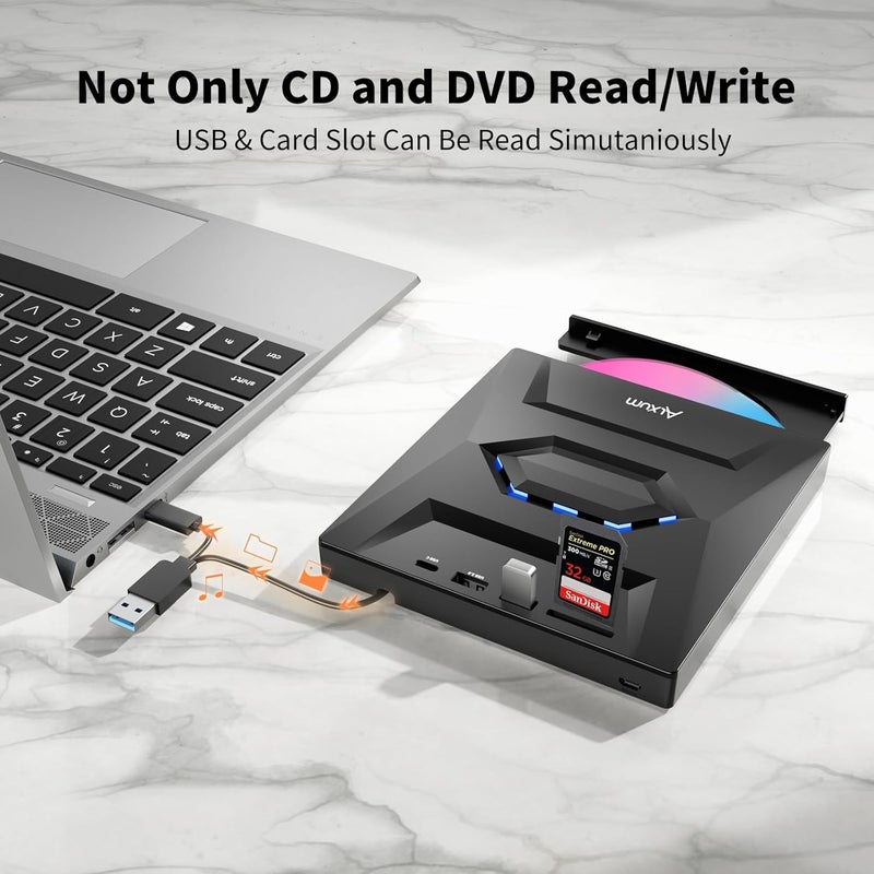 ALXUM محرك أقراص CD/DVD خارجي للكمبيوتر المحمول، نوع-C USB 3.0 مشغل أقراص مضغوطة محمول مع فتحة بطاقة SD ومنافذ USB DVD 8X CD 24X سرعة فائقة لنظام Windows/Mac OS/Linux/Vista - Image 3